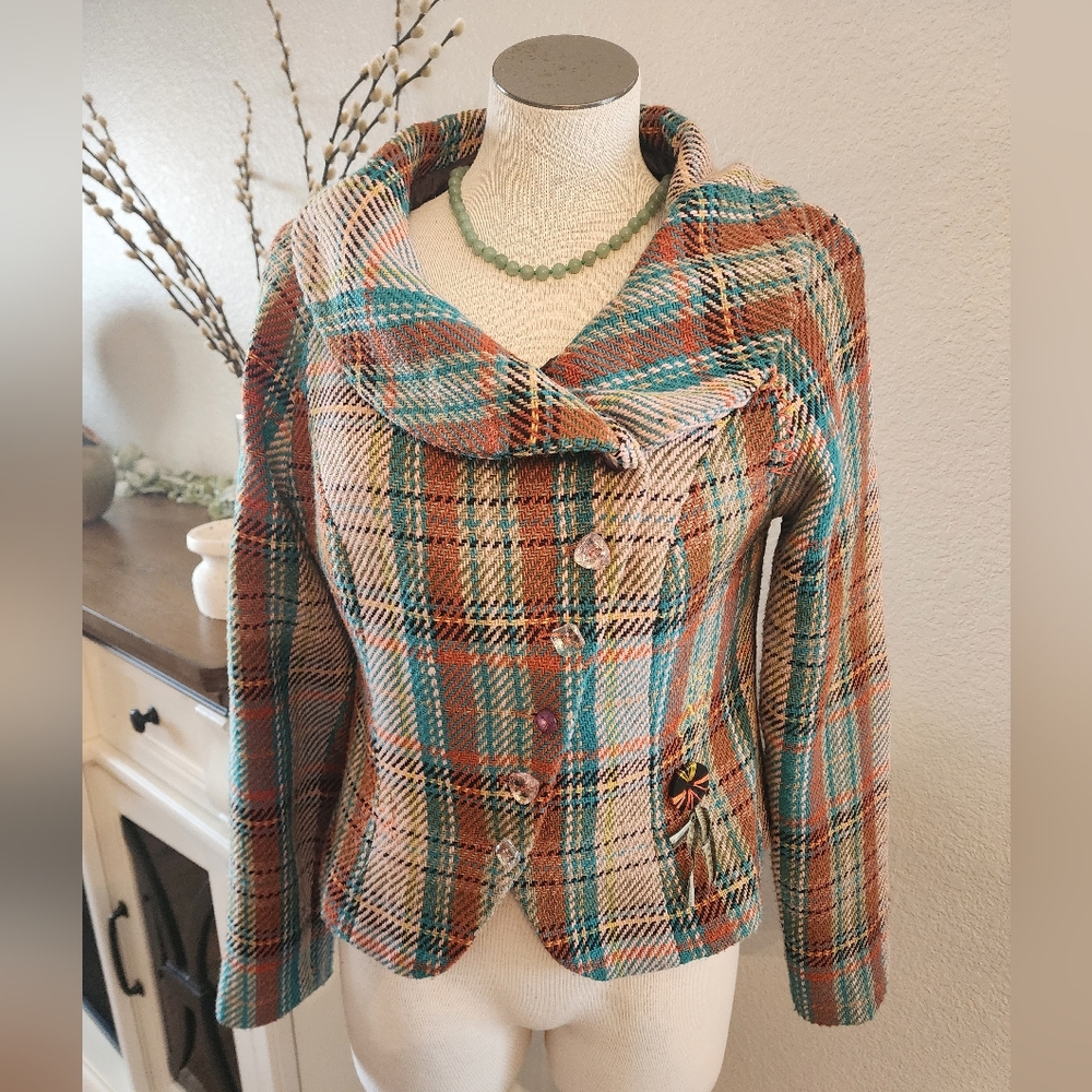 Venus Plaid Embroidered Shawl Collar Asymmetrical Button Women's Jacket Size 4